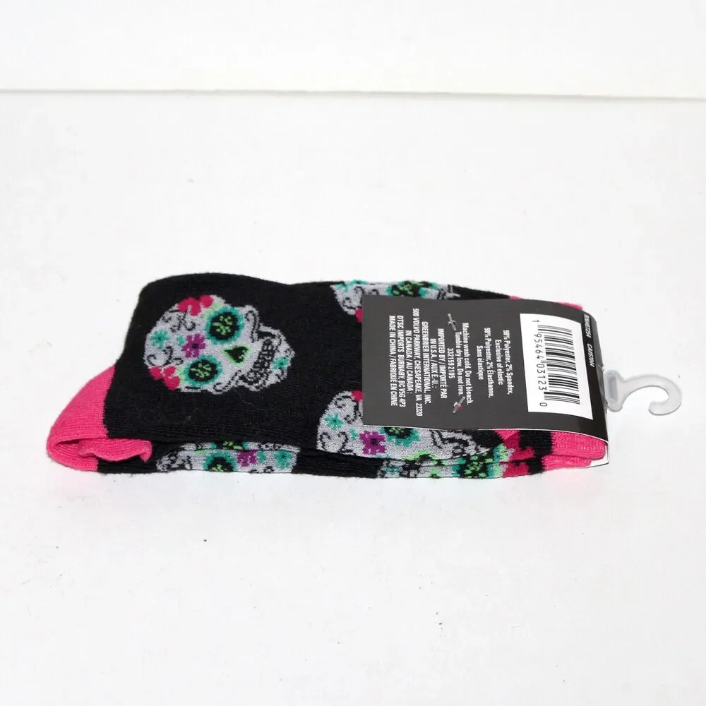 1 pair Socks Día De Los Muertos black pink size 9 - 11 Skull Halloween unisex